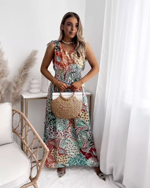 Rochie midi de damă verde și portocalie cu motive, verde și portocaliu Îmbrăcăminte