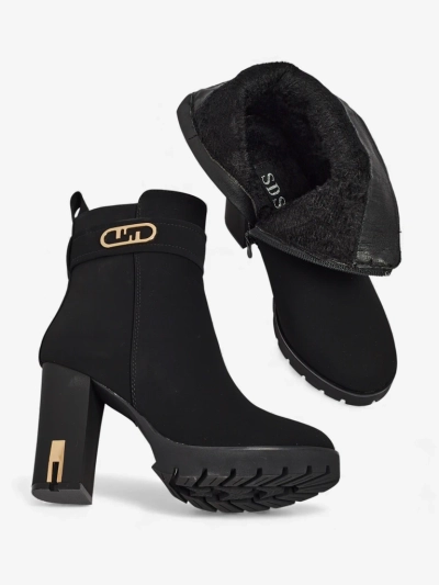 Botine de damă din piele ecologică întoarsă cu toc gros Tovia