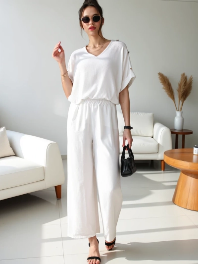 Royalfashion Set casual pentru femei, cu bluză cu mânecă scurtă și pantaloni largi