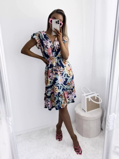 Rochie mini de damă albastru marin cu imprimeu floral - Îmbrăcăminte