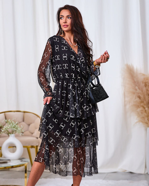 Royalfashion Rochie midi neagră din plasă cu imprimeu
