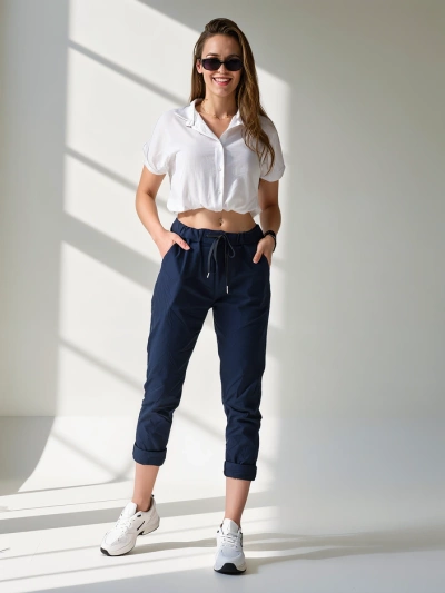 Royalfashion Pantaloni skinny din viscose pentru femei cu șnur la talie