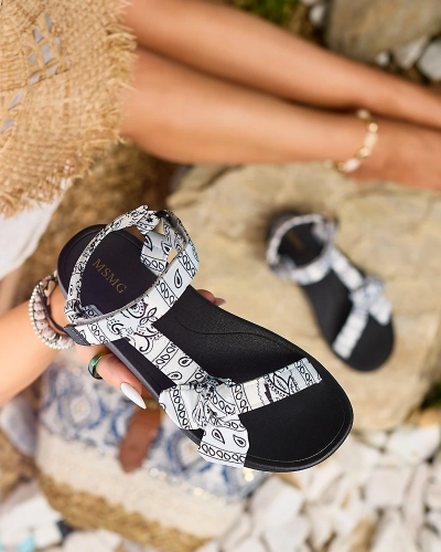 Royalfashion Sandale de damă albe și negre cu fundiță Oyall
