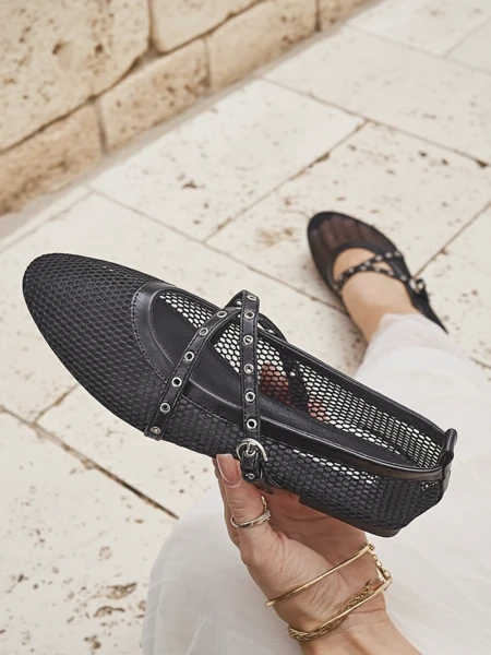 Balerini Royalfashion Arethusa Nero din plasă cu toc plat