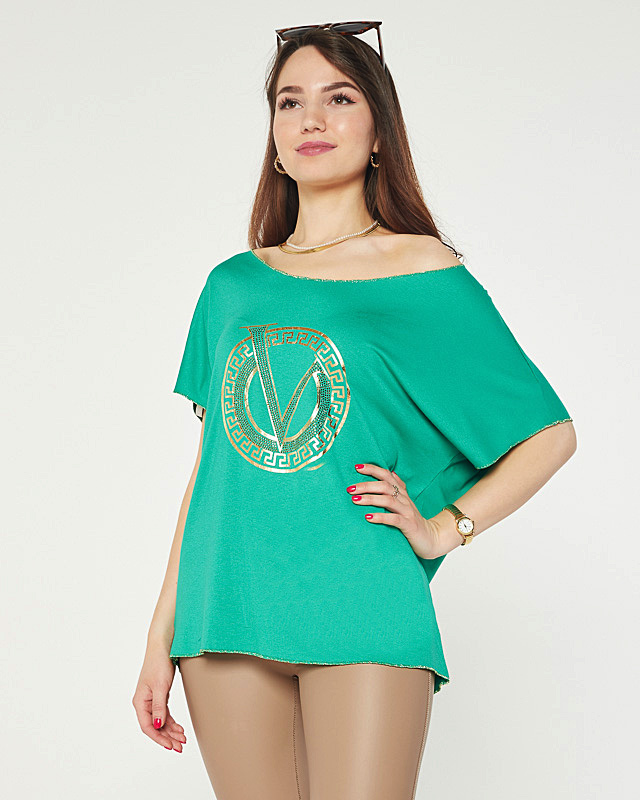 Bluză de damă verde cu imprimeu și zirconiu cubic - Îmbrăcăminte