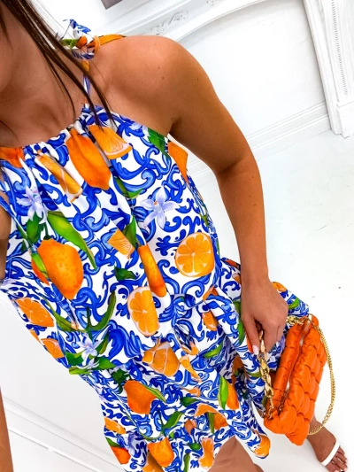 Royalfashion Rochie mini cu bretele subțiri pentru femei, cu cordon în talie și imprimeuri portocalii la modă