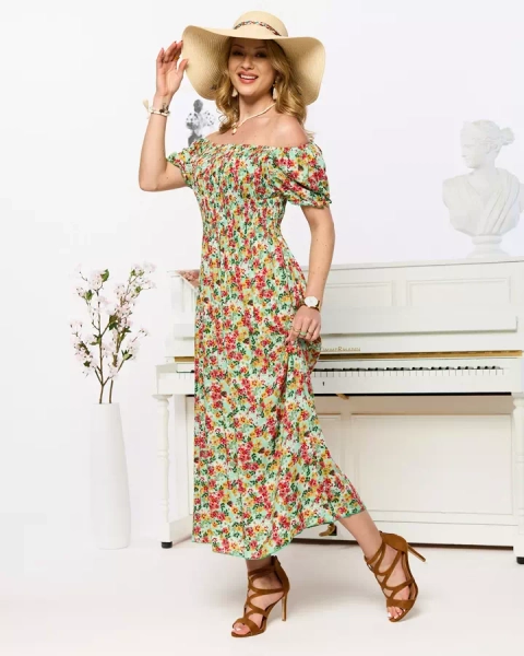 Rochie midi verde pentru femei, cu model floral- Îmbrăcăminte