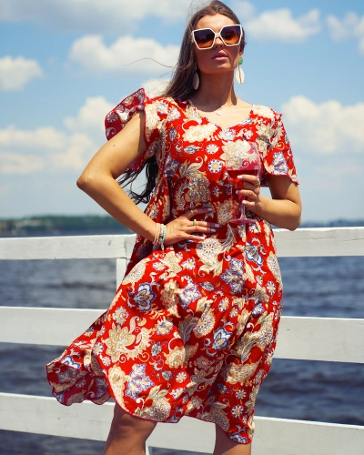 Royalfashion Rochie roșie pentru femei cu model floral colorat