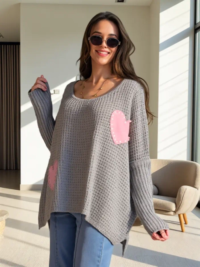 Royalfashion Pulover din acril pentru femei cu inimioare Oversize