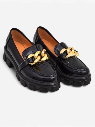 Loafers damă Persefone Nero cu talpă groasă, piele ecologică neagră 5cm