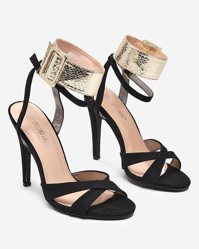 OUTLET Sandale de dama pe toc inalt negru cu dunga aurie Magnessias - Incaltaminte