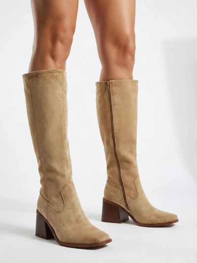 Cizme de damă din piele ecologică întoarsă, cu toc gros, Ernala