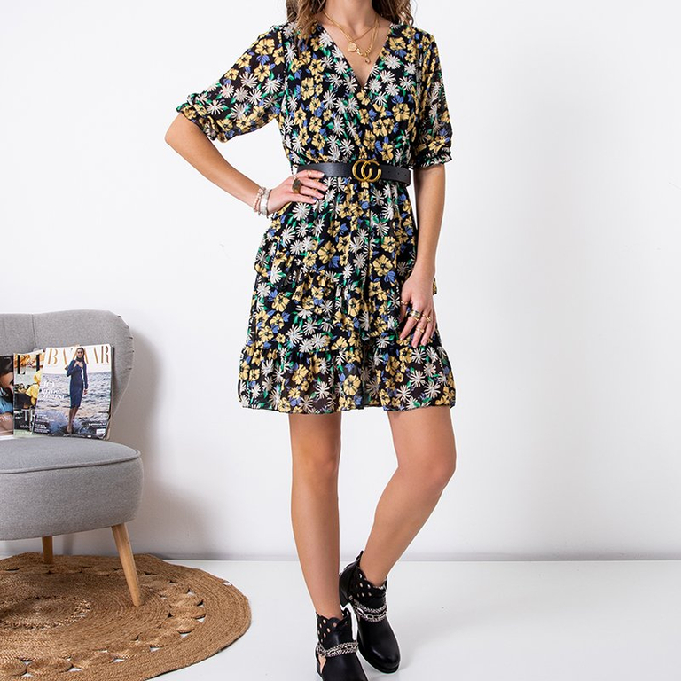 Mini rochie neagră pentru femei, cu flori galbene - Îmbrăcăminte