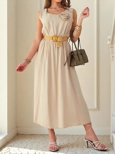 Rochie midi pentru femei Royalfashion cu bretele, având un decolteu rotund cu floare decorativă