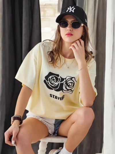 Royalfashion Tricou din bumbac pentru femei cu Floare de Trandafir