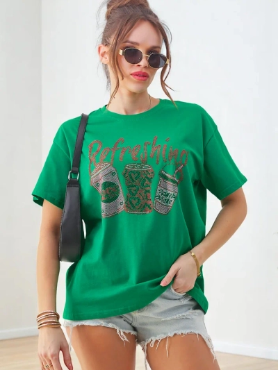 T-shirt din bumbac pentru femei Royalfashion cu imprimeu din strasuri