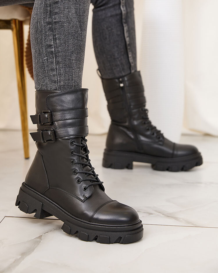 Royalfashion Cizme bagger de damă din piele ecologică de culoare neagră Faserti