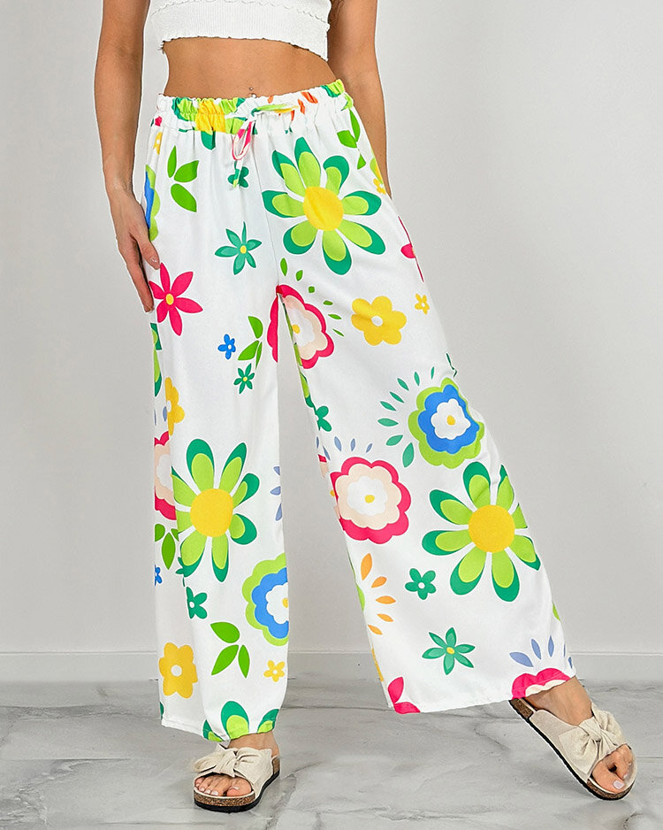 Royalfashion Pantaloni largi din țesătură cu motive florale pentru femei