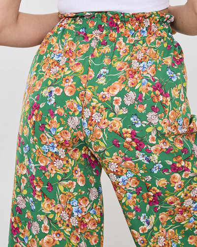 Pantaloni palazzo de damă verzi cu flori portocalii- Îmbrăcăminte