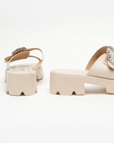 OUTLET Papuci de dama bej cu ornamente de zircon Sadoh- Incaltaminte