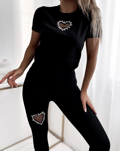 Royalfashion Set sport negru pentru femei cu inimioare
