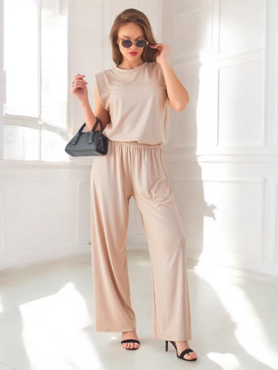 Set din viscoză ribbed Royalfashion pentru femei, fără mâneci, cu pantaloni evazați