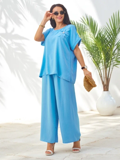 Set Royalfashion pentru femei cu mâneci scurte, floare decorativă și pantaloni largi
