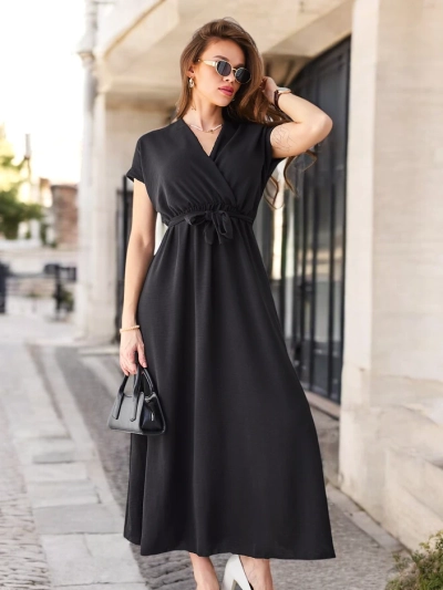 Rochie midi pentru femei Royalfashion cu decolteu înfășurat, mâneci scurte și un centură