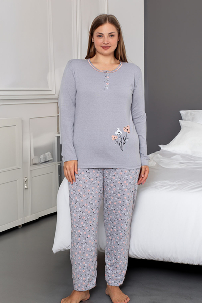 Royalfashion Pijamale din bumbac pentru femei, 2 piese, model floral Mărime PLUS