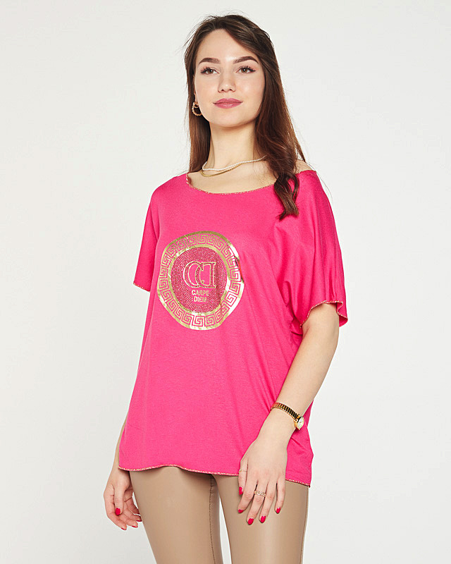 Tricou dama fucsia cu imprimeu auriu si zirconiu cubic - Imbracaminte