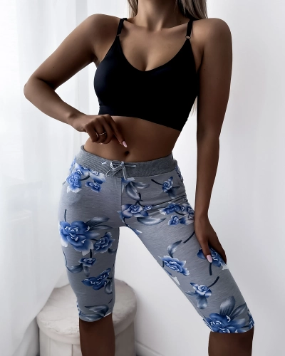 Pantaloni scurți de damă gri 3/4 lungime cu model floral - Îmbrăcăminte