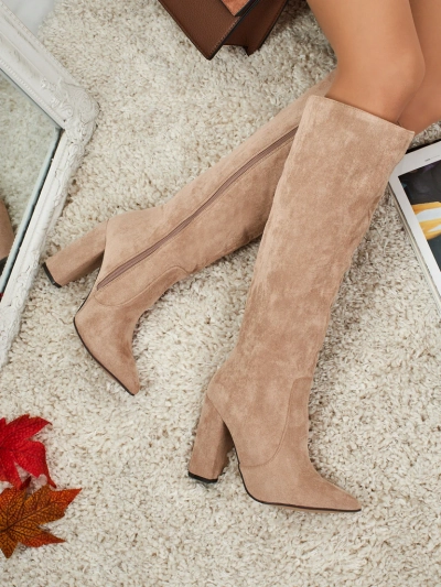 Cizme de damă din piele ecologică întoarsă cu toc gros Feravi