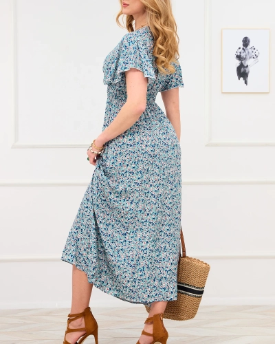 Rochie florală verde pentru femei, cu decolteu plic - Îmbrăcăminte