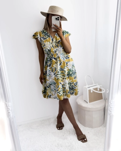 Rochie mini de damă muștar cu imprimeu floral - Îmbrăcăminte
