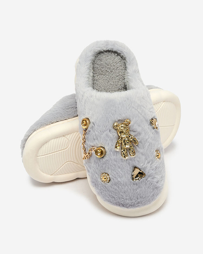 Royalfashion Papuci de blană de damă albaștri cu ornamente Erserra