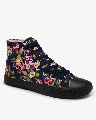 Royalfashion Adidași înalți de damă de culoare albastru marin cu flori colorate Soxic