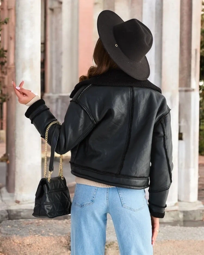 Geaca de piele ecologica pentru femei Royalfashion cu blana de culoare neagra