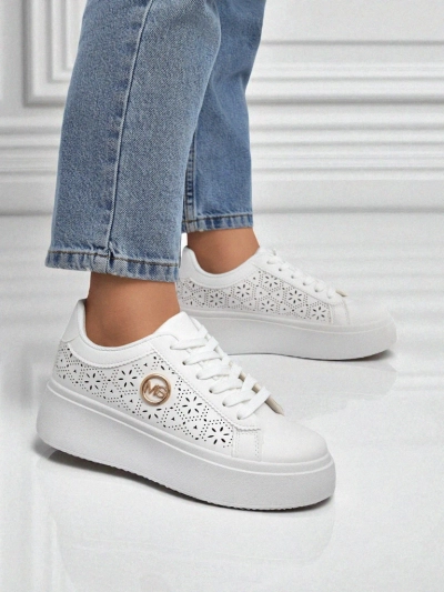 Sneakers damski Aelia Royalfashion pe platformă albi ajour ecru