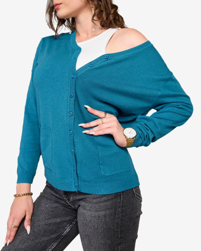 Royalfashion Pulover cardigan albastru pentru femei cu buzunare