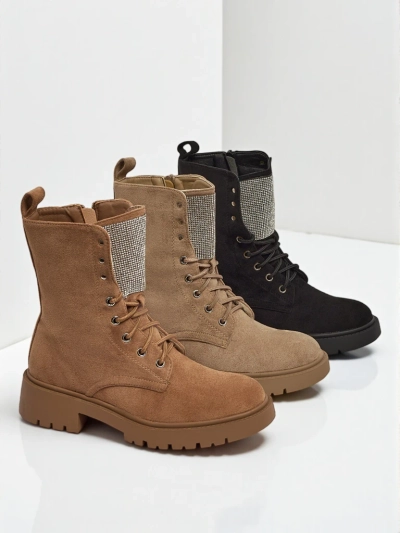 Botine de damă Ferlyne din piele ecologică de căprioară cu șireturi