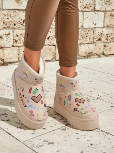 Callisto Angelico Insulated Shoes with Children's Drawings on Beige Platform