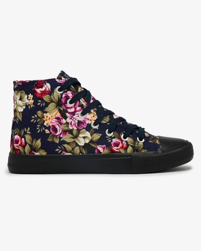 Royalfashion Adidași înalți de damă de culoare albastru marin cu flori colorate Soxic