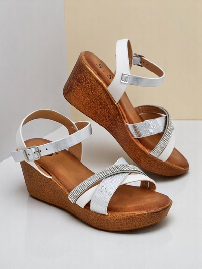 Sandale cu toc wedge Royalfashion pentru femei, cu pietre strass și sclipici Glittera