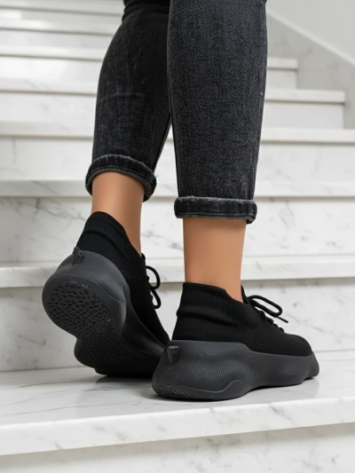 Sneakers de Damă Aura Nero Negri din Material Textil cu Talpă Plată de 4.5cm