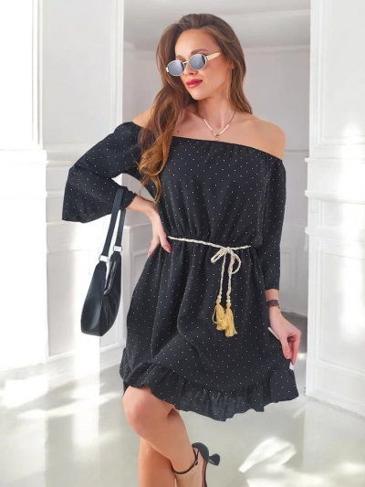 Royalfashion Rochie mini pentru femei, cu umeri goi, mâneci lungi și strassuri