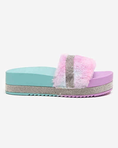 Papuci de dama violet-menta cu blana si zirconiu cubic Zerika - Incaltaminte