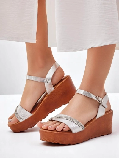 Sandale cu toc wedge pentru femei Royalfashion cu strasuri și sclipici Aurora Glow