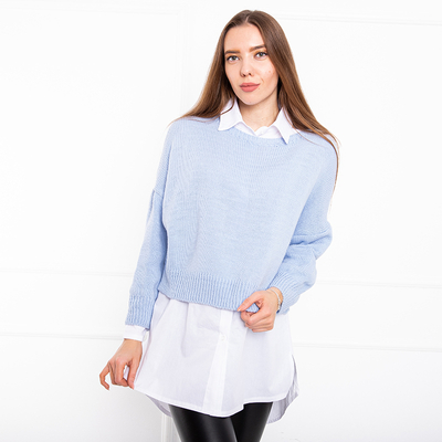 Pulover albastru pentru femei, cu cămașă albă - Îmbrăcăminte