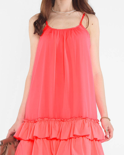 Rochie de dama roz neon pe bretele cu volane - Imbracaminte