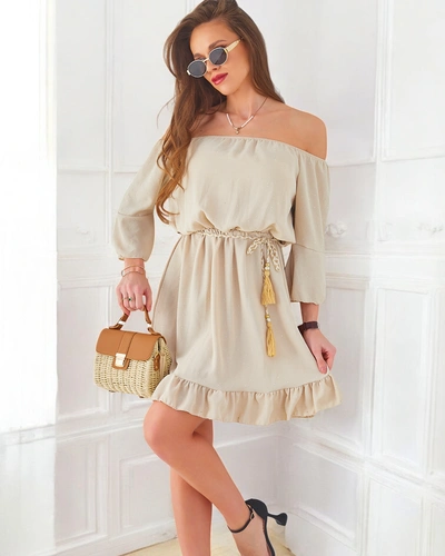 Rochie mini Royalfashion pentru femei, cu umerii la vedere, mâneci lungi și pietre strălucitoare